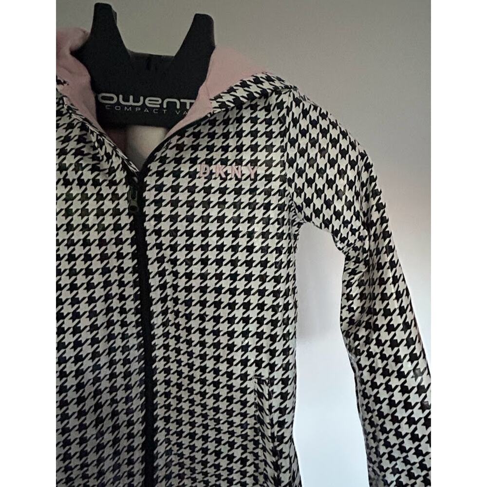 DKNY Girls Black White Houndstooth Hooded Rain Jacket Size 6 Kids Coat Zip - Picture 3 of 8